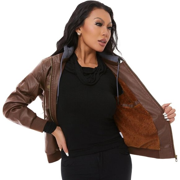 Women Camel Faux Leather Waterproof Motorcycle Bomber Biker Jacket - Picture 6 of 8